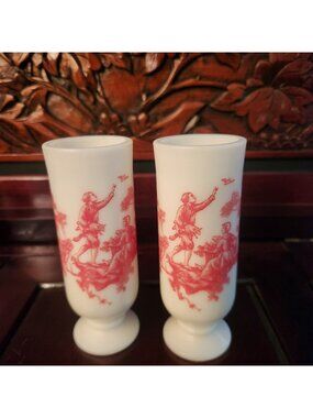 Vintage Milk Glass Bud Vases with Red Victorian Scene Design Set of Two